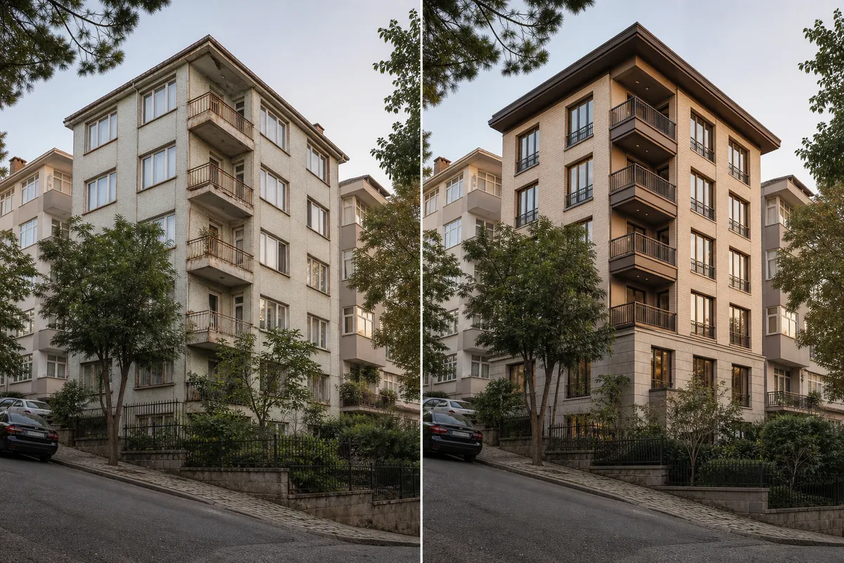 Koruluk Apartmanı temsilî dönüşüm öncesi ve sonrası