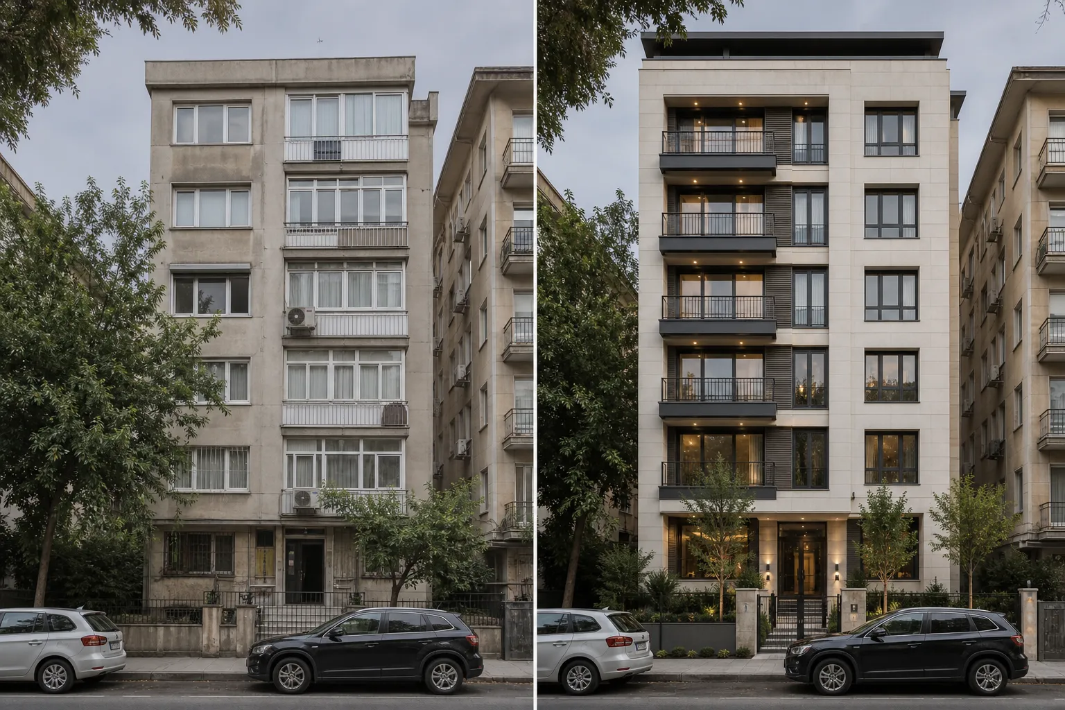 Işık Apartmanı temsilî dönüşüm öncesi ve sonrası